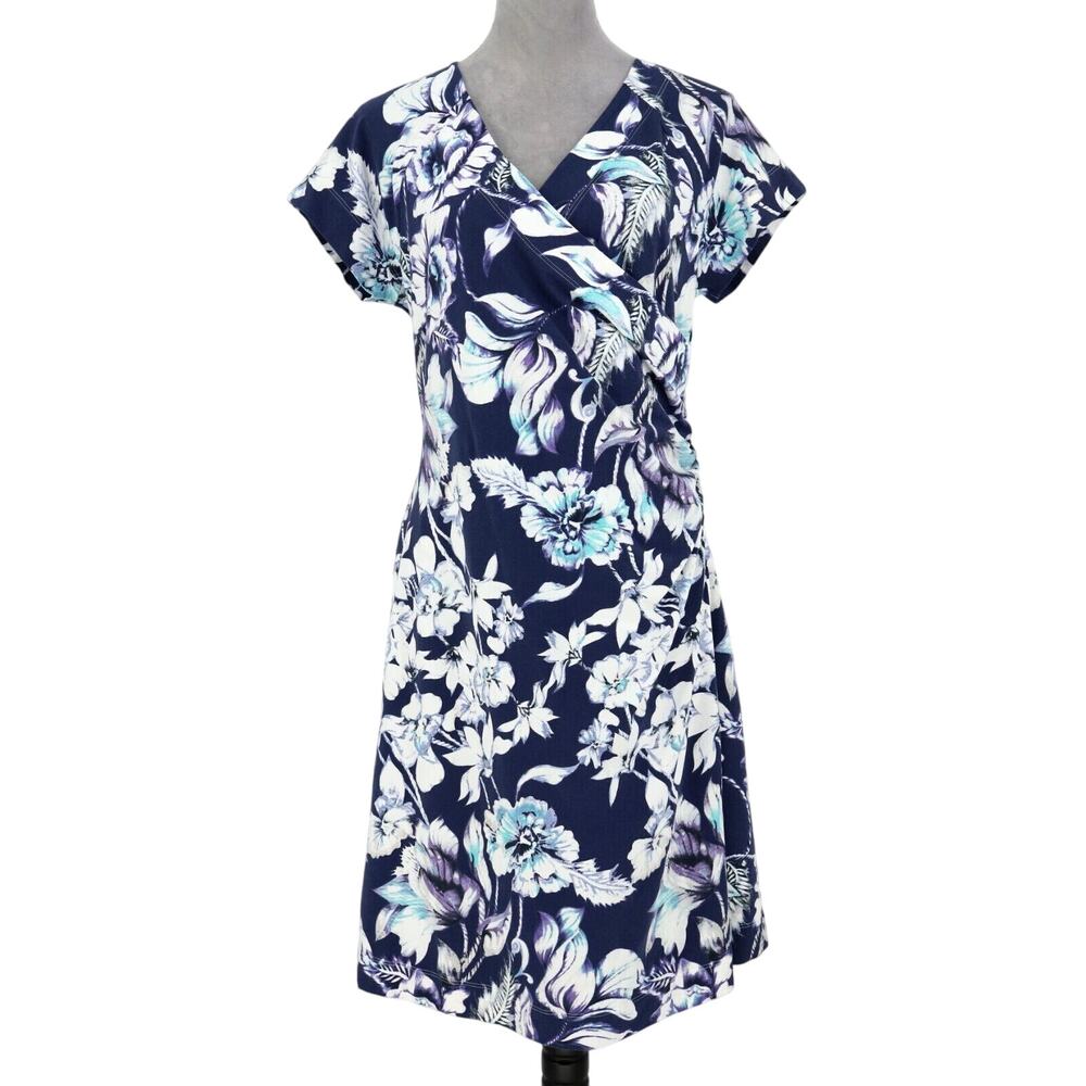 Soft Surroundings Dress Womens Large Blue White Floral Faux Wrap Stretch Knit